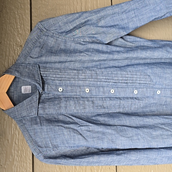 Eleventy Soft Denim Pleated Pintucj Mens Button Front Chambray tuxedo shirt M - Picture 3 of 11